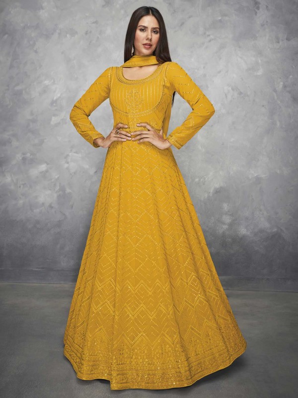 Yellow Colour Georgette Fabric Anarkali Salwar Suit.