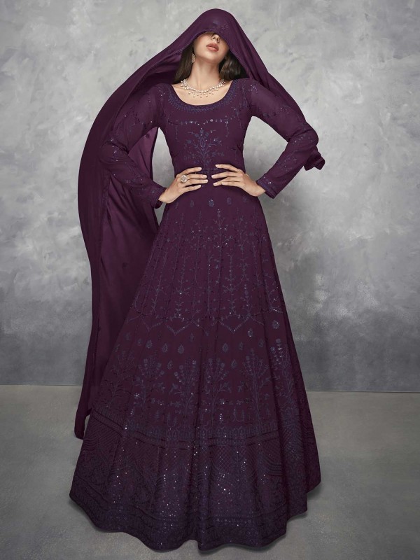 Georgette Fabric Designer Anarkali Salwar Suit Purple Colour.