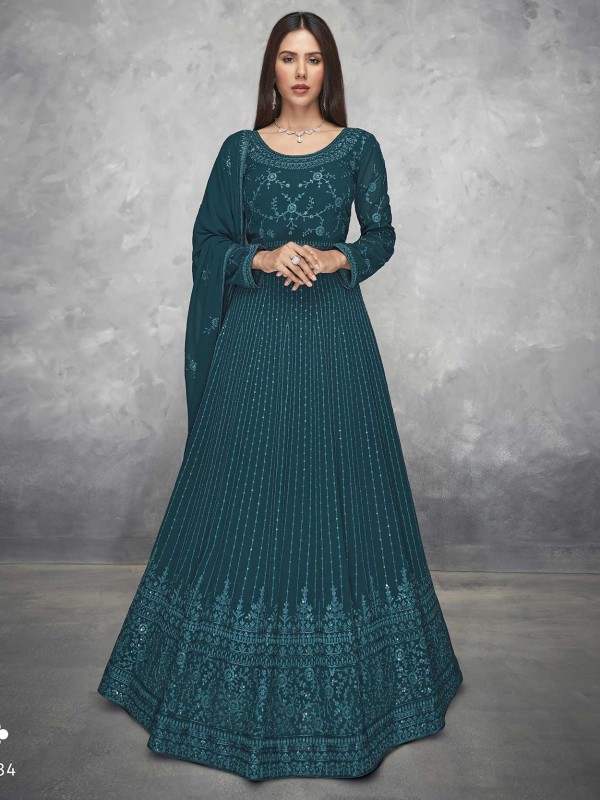 Rama Green Colour Georgette Fabric Designer Anarkali Salwar Suit.