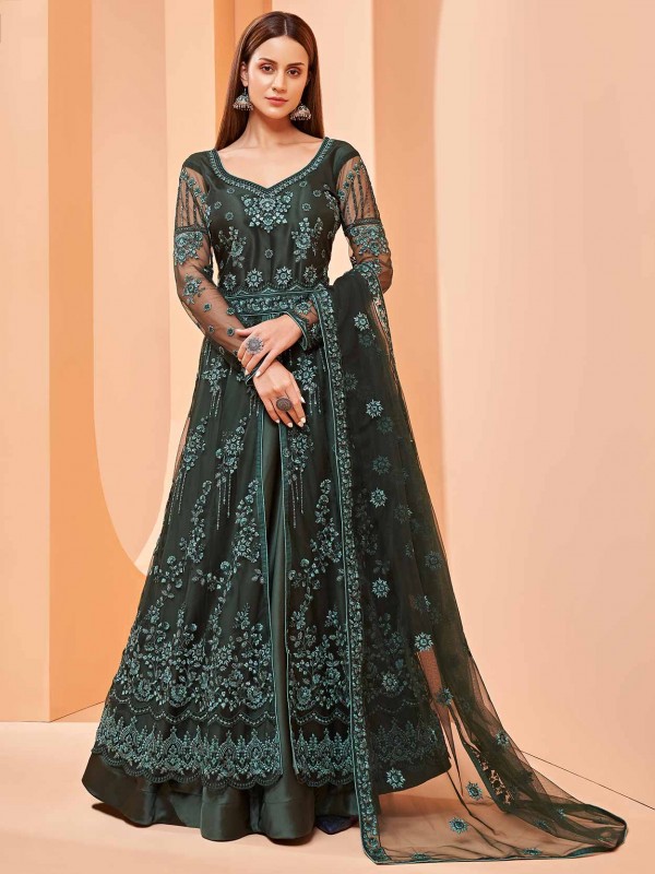 Dark Green Colour Net Fabric Designer Salwar Suit.
