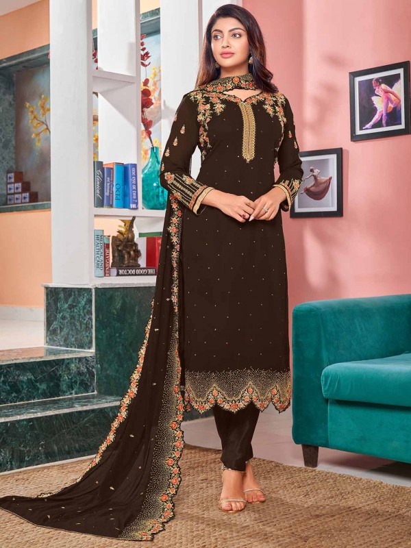 Faux Georgette Fabric Salwar Suit Brown Colour.