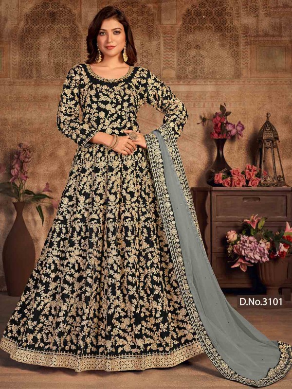 Black Colour Velvet Fabric Anarkali Salwar Suit.