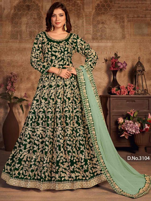 Green Colour Velvet Fabric Designer Anarkali Salwar Suit.