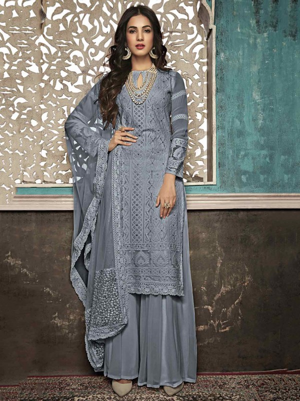 Grey Colour Designer Sharara Salwar Suit in Georgette Fabric.