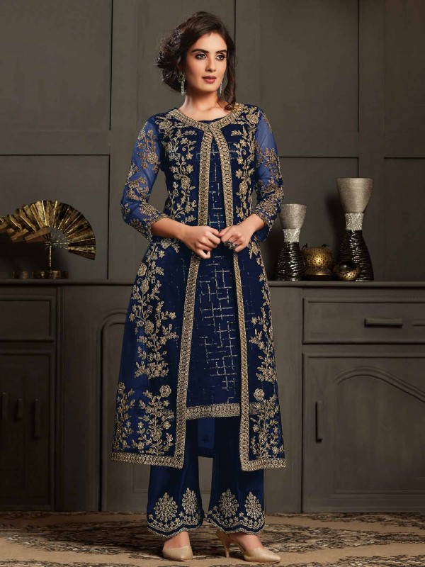 Net Fabric Designer Salwar Suit Blue Colour.