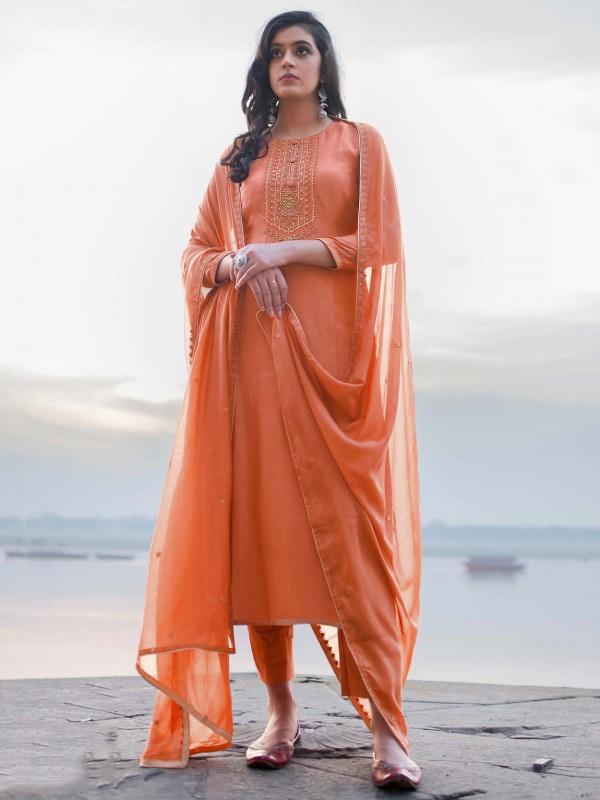 Georgette Fabric Designer Salwar Kameez Rust Colour.