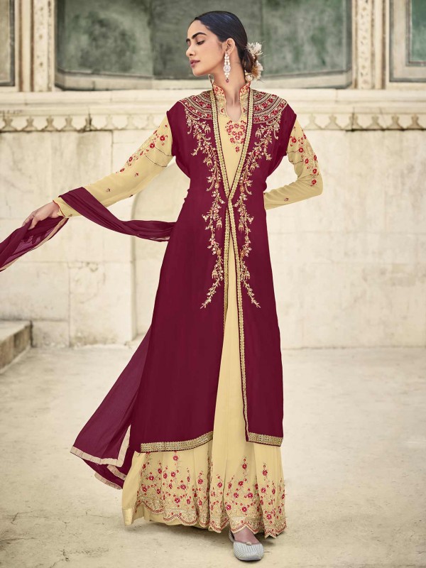 Maroon,Cream Colour Georgette Fabric Anarkali Salwar Suit.