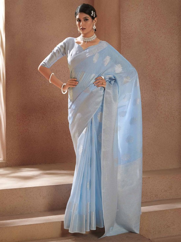 Blue Colour Silk Fabric Party Wear Saree.