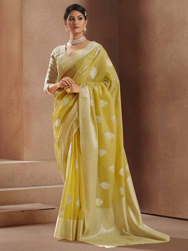 Yellow Colour Silk Fabric Weaving Saree.