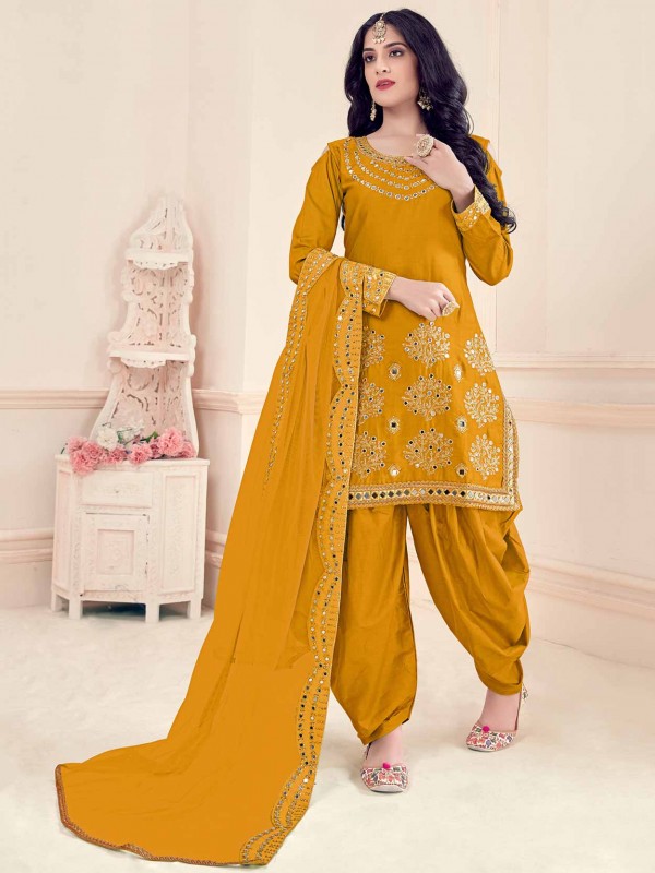 Mustard Yellow Colour Silk Designer Salwar Suit.