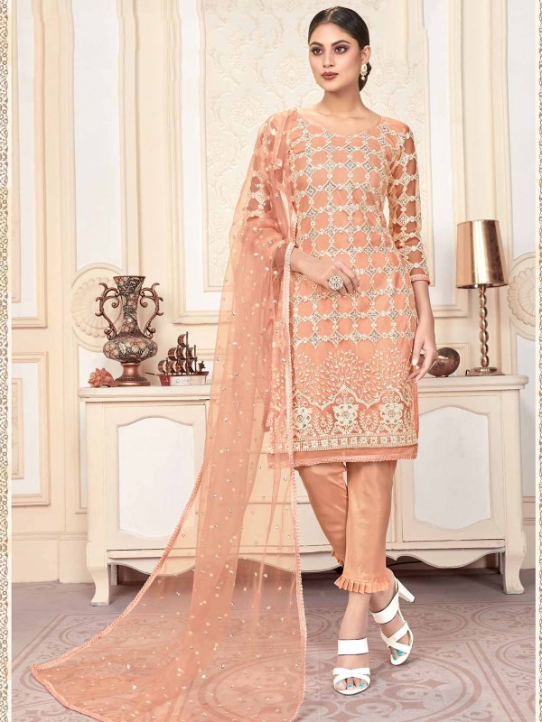 Peach Colour Net Fabric Women Salwar Suit.