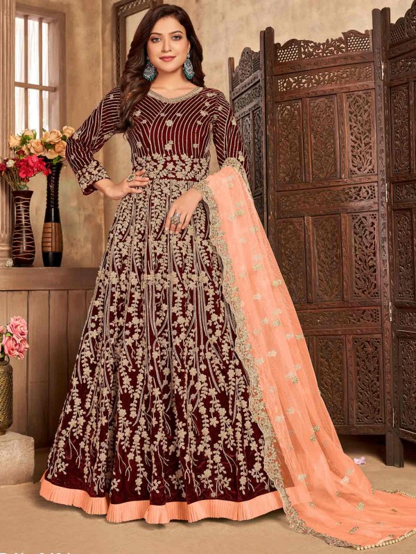 Designer Anarkali Salwar Suit Maroon Colour in Velvet Fabric.