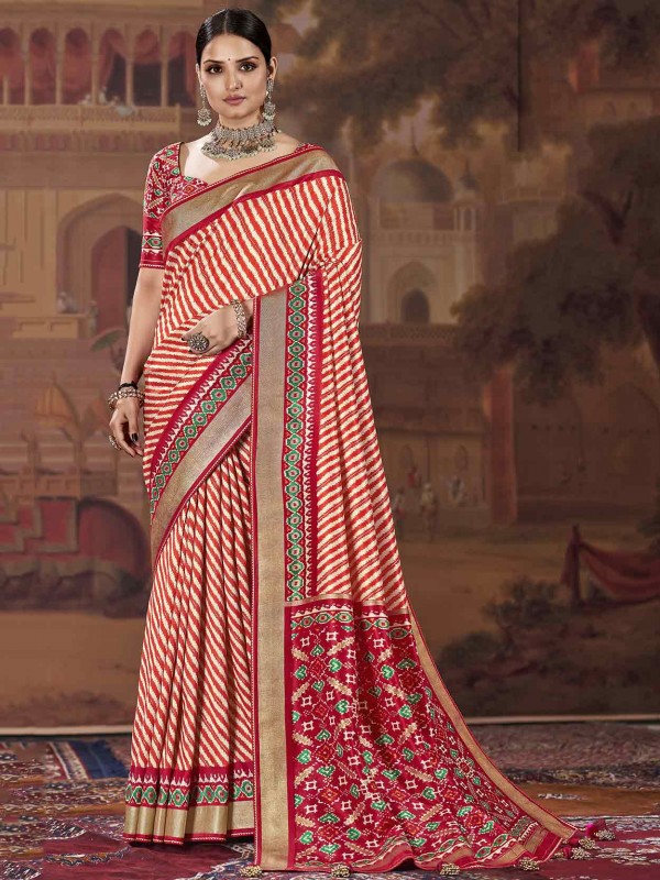 Cream,Red Colour Silk Designer Saree.