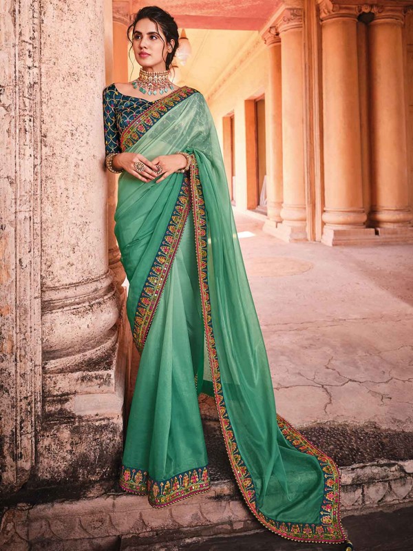 Organza,Silk Fabric Designer Saree Green Colour.