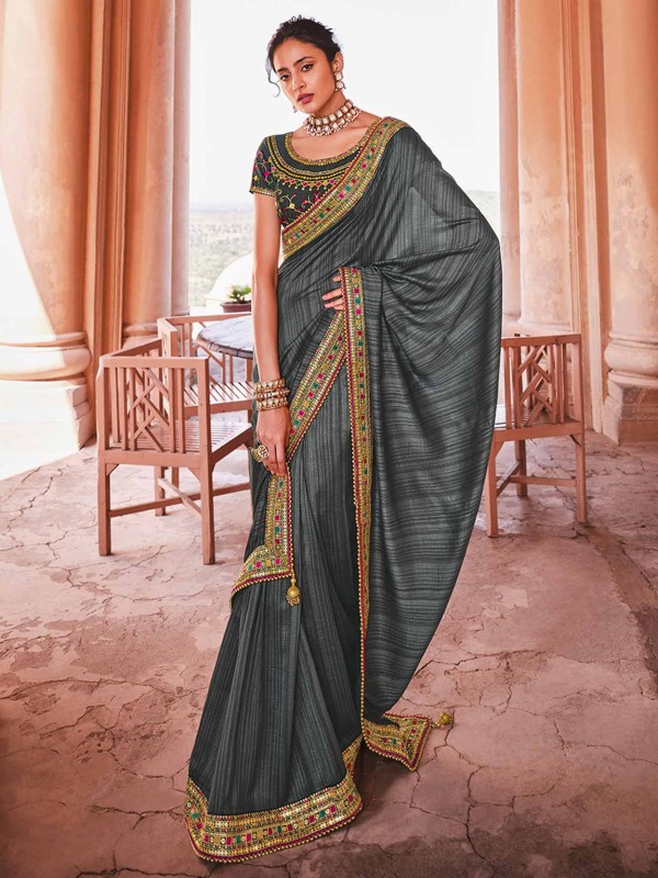 Grey Colour Organza,Silk Fabric Women Saree.