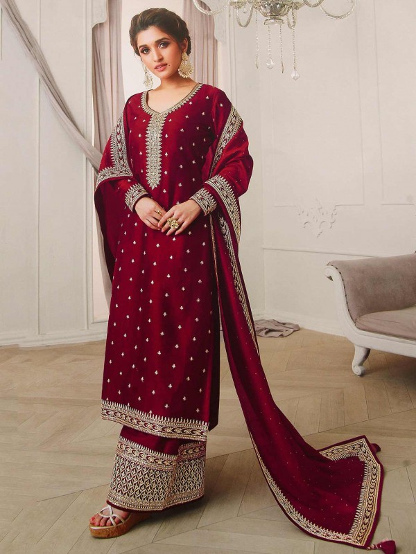 Maroon Colour Designer Salwar Suit in Art Silk Fabric.