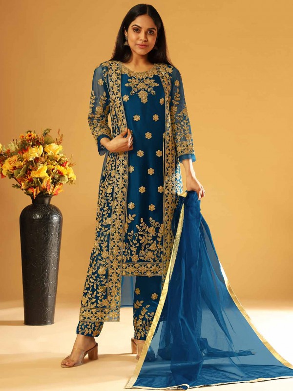 Blue Colour Net Fabric Women Salwar Kameez.