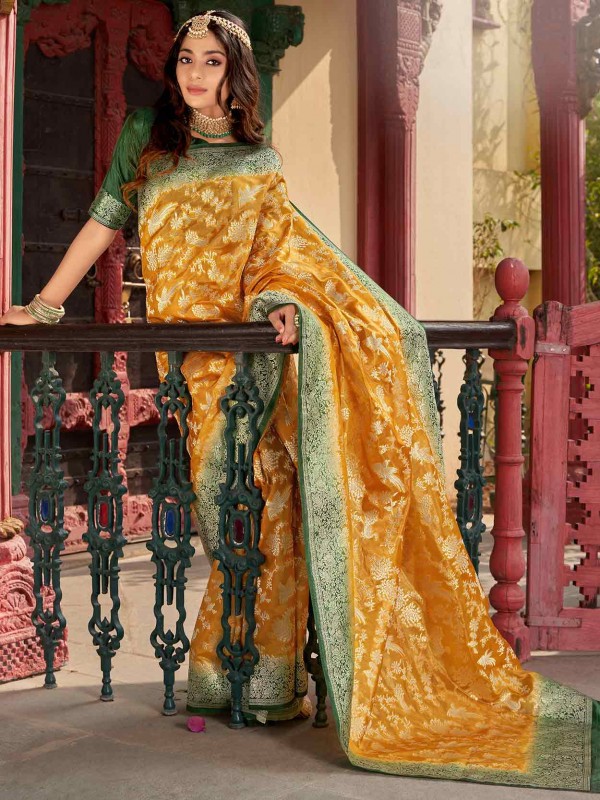 Mustard Yellow Colour Organza,Silk Fabric Wedding Saree.