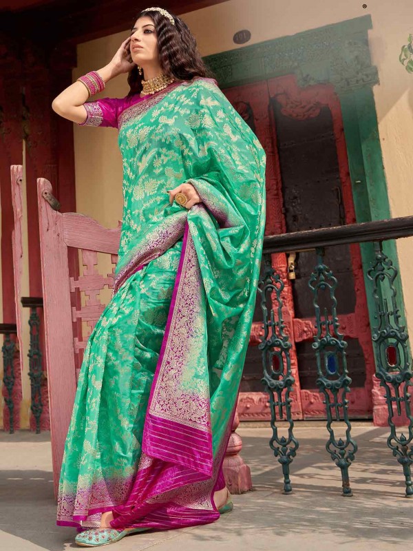 Green Colour Organza,Silk Fabric Indian Saree.