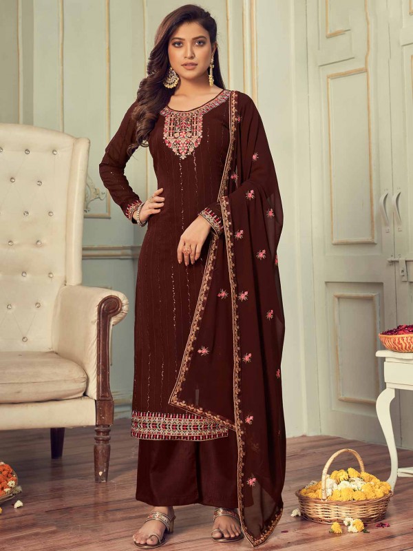 Brown Colour Georgette Fabric Women Salwar Kameez.