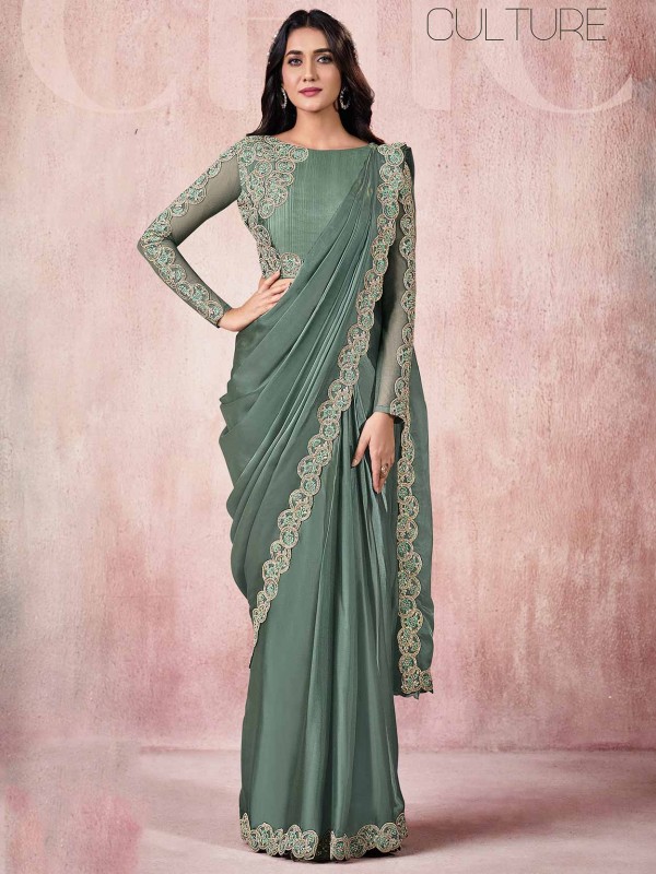 Satin,Silk Fabric Designer Sari Green Colour.