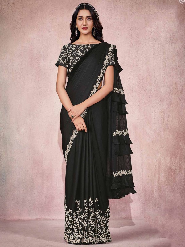 Black Colour Silk,Georgette Fabric Party Wear Saree.