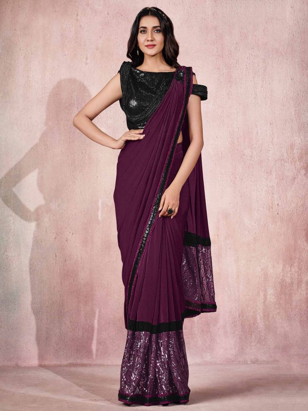 Wine Colour Indian Designer Saree in Lycra Fabric.