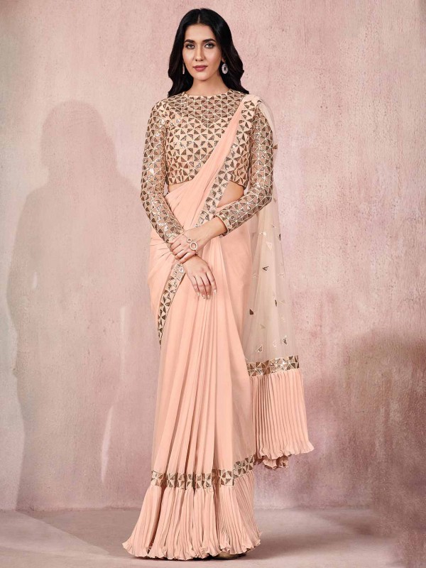Peach Colour Satin,Silk Fabric Designer Saree.