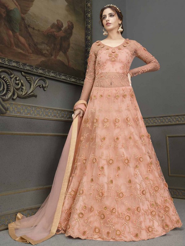 Peach Colour Net Fabric Anarkali Salwar Suit.