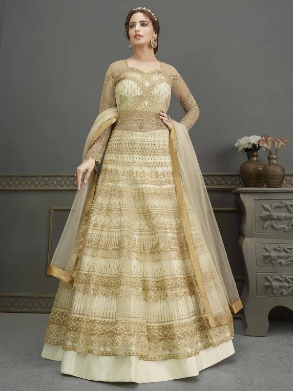 Cream,Golden Colour Net Fabric Party Wear Salwar Suit.
