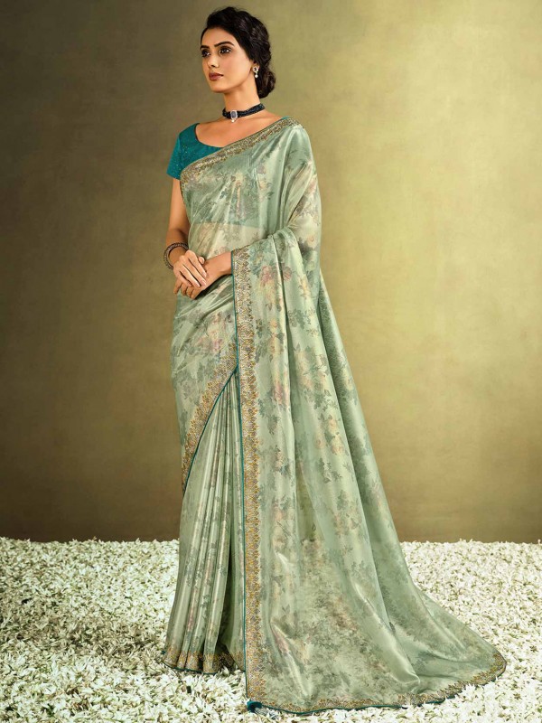 Green Colour Tissue Fabric Designer Saree.