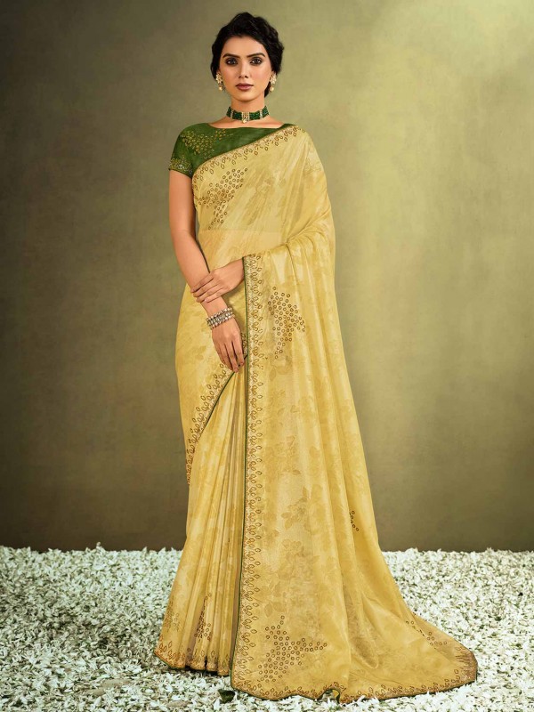 Yellow Colour Indian Designer Saree in Tissue Fabric.