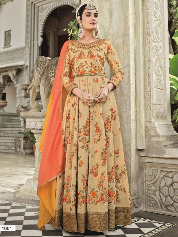 Beige,Golden Colour Designer Anarkali Salwar Suit in Silk Fabric.