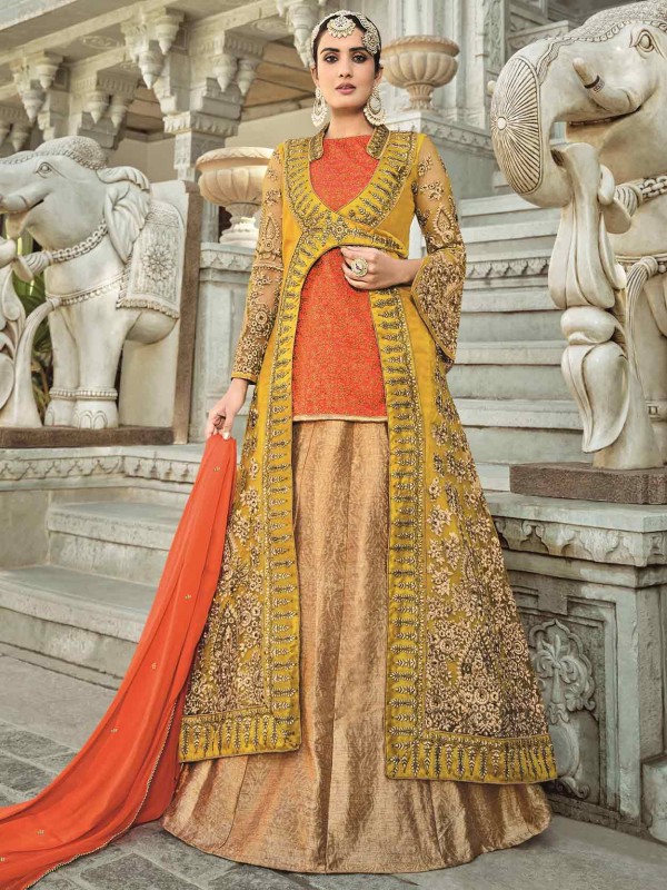 Yellow,Beige Colour Designer Salwar Suit in Silk Fabric.