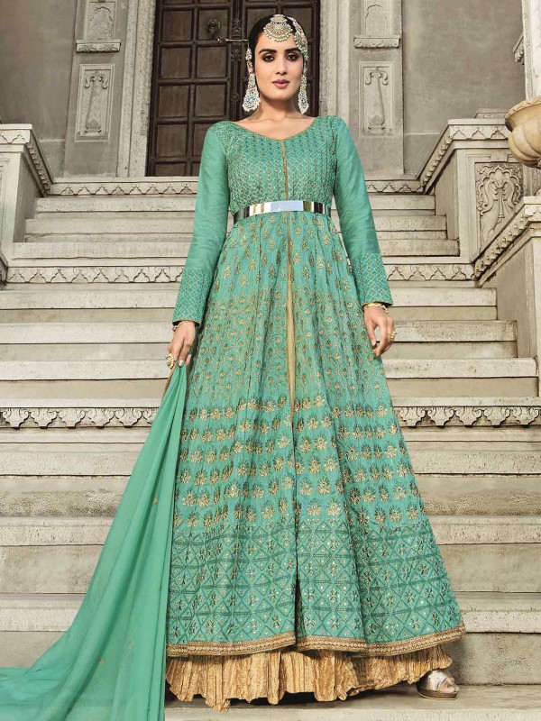 Turquoise Colour Silk Fabric Anrkali Salwar Suit.