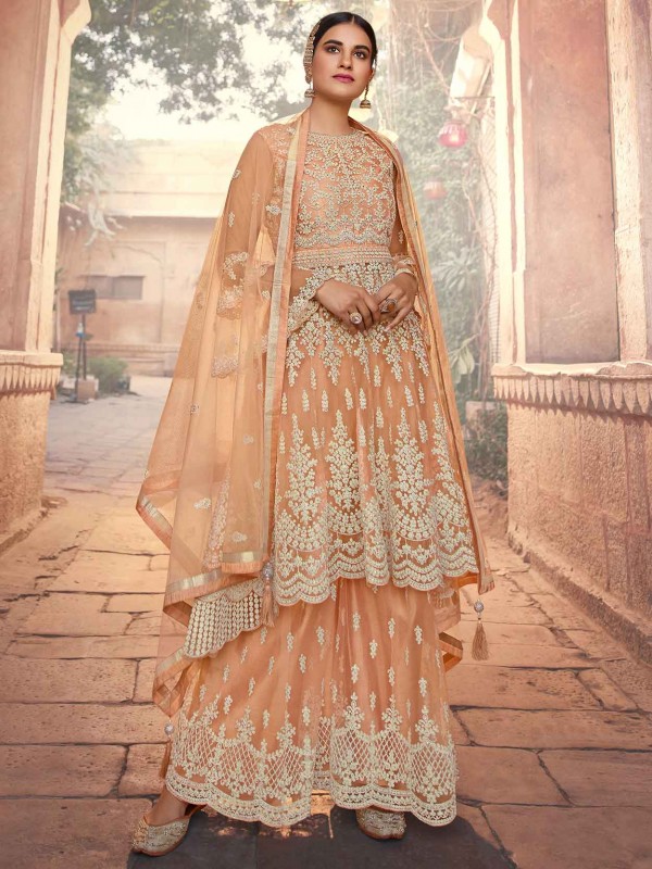 Peach Colour Net Fabric Designer Sharara Salwar Suit.