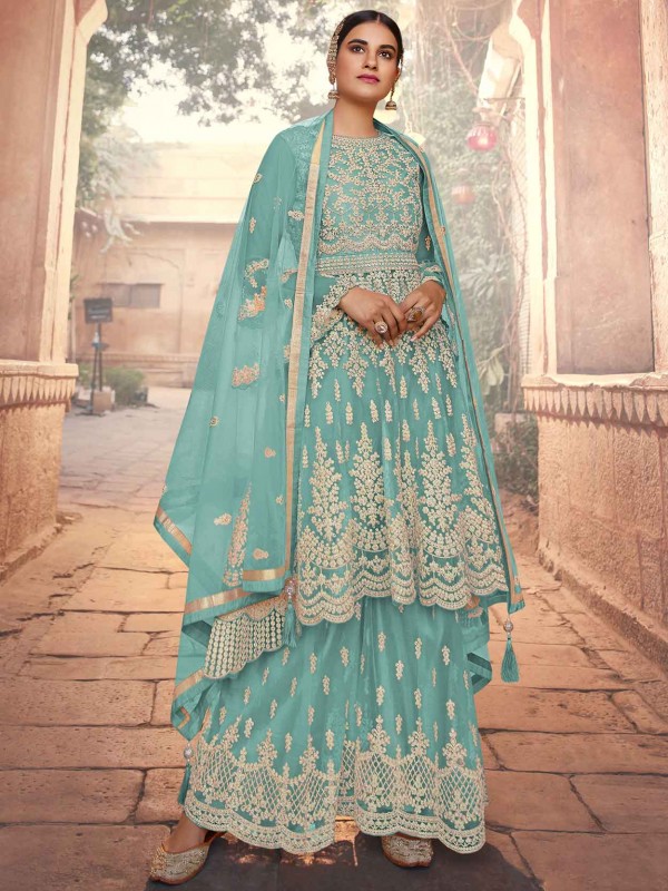 Turquoise Colour Net Fabric Salwar Kameez.
