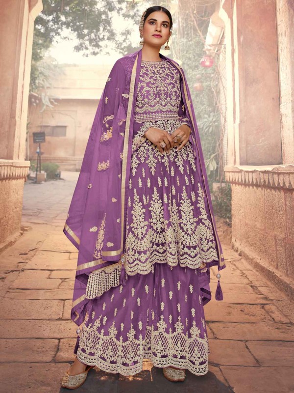 Purple Colour Sharara Salwar Suit in Net Fabric.