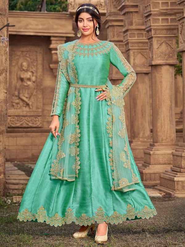 Green Colour Silk Fabric Anarkali Salwar Suit.