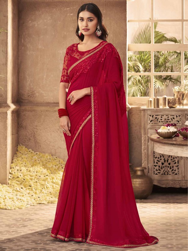 Red Colour Silk Fabric Designer Saree.