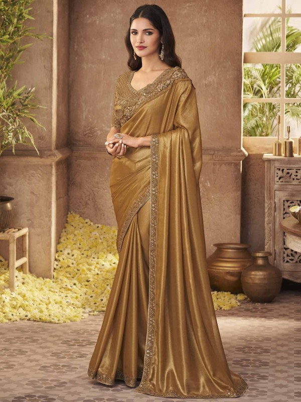 Golden Colour Silk Fabric Wedding Saree.