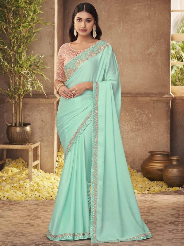 Turquoise Colour Silk Fabric Women Saree.