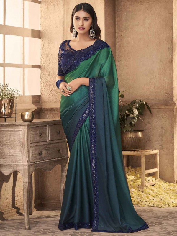 Blue,Green Colour Silk Fabric Party Wear Saree.