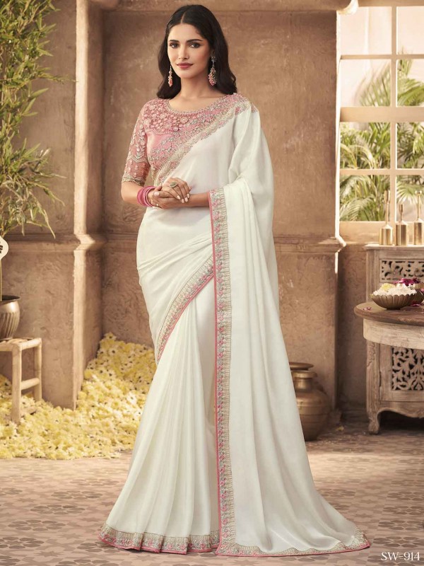 White Colour Silk Fabric Designer Saree.