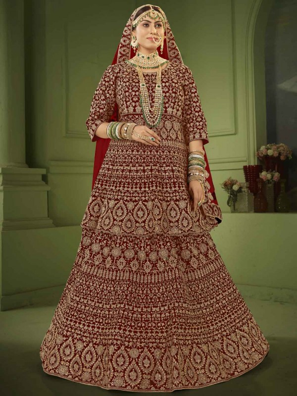Maroon Colour Velvet Fabric Designer Bridal Lehenga Choli.