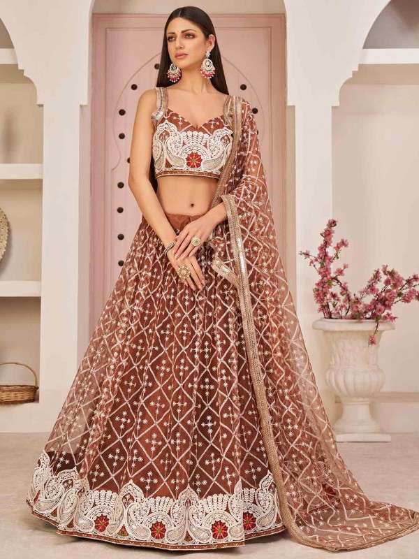 Brown Colour Net Fabric Women Lehenga Choli.