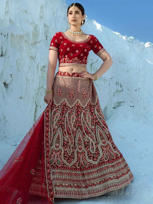 Designer Bridesmaid Lehenga Choli Maroon Colour in Velvet Fabric.