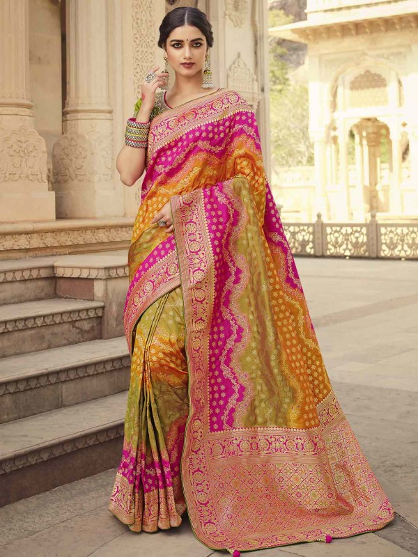 Pink,Orange Colour Silk Designer Saree.