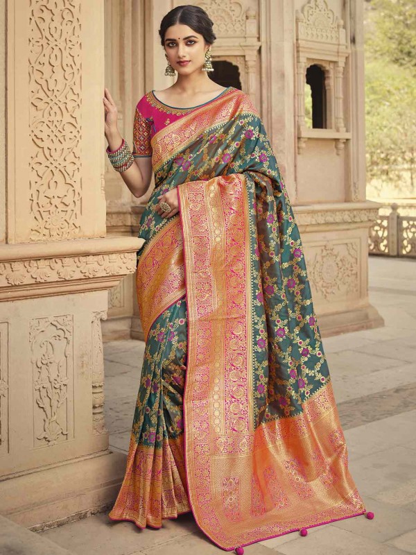 Rama Green Colour Silk Fabric Women Saree.
