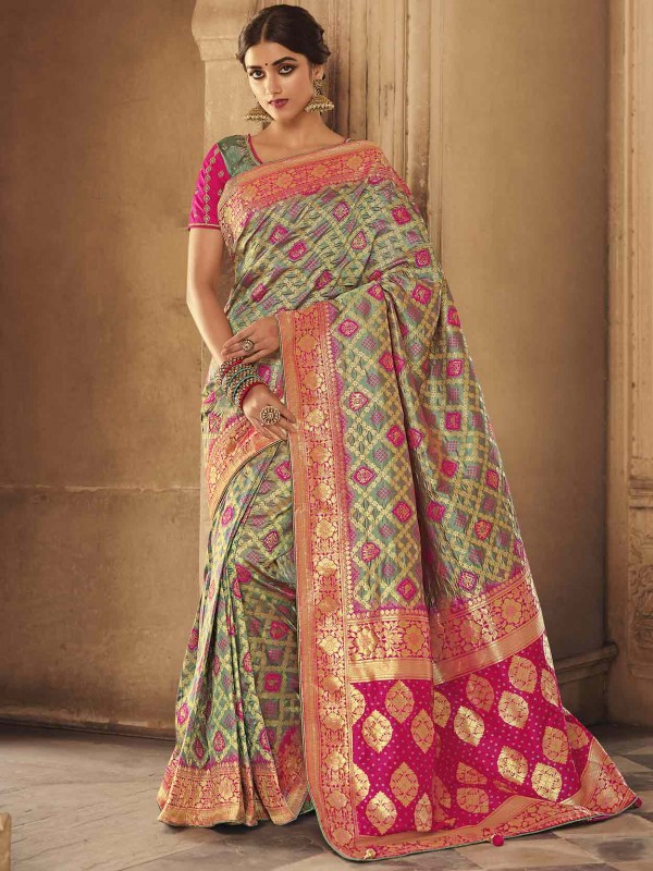 Silk Fabric Designer Saree Green,Pink Colour.